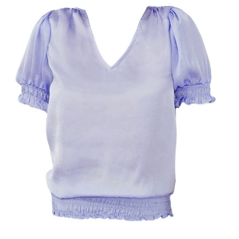 Chaus Smocked Trim Satin Blouse in Lilac - Size Medium